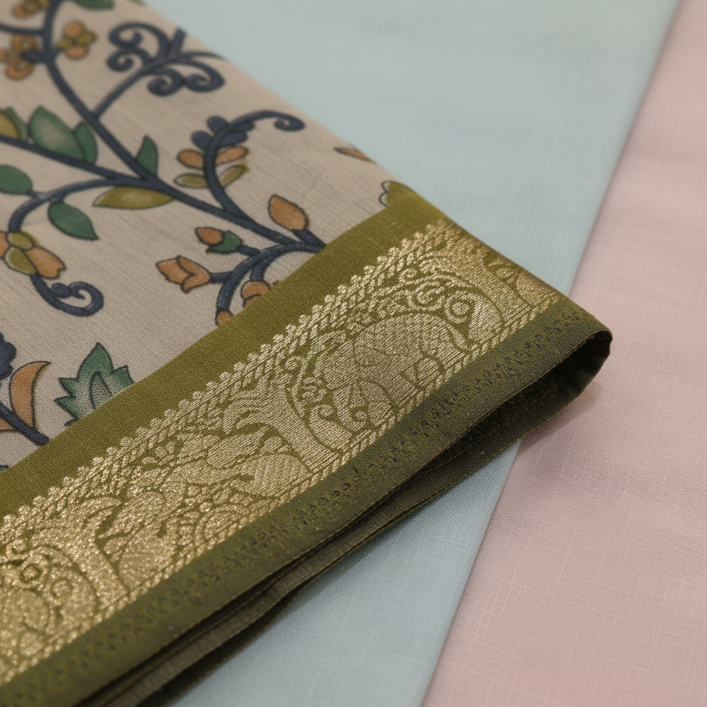 KUBERAN LIGHT GREY PRINTED COTTON SAREE