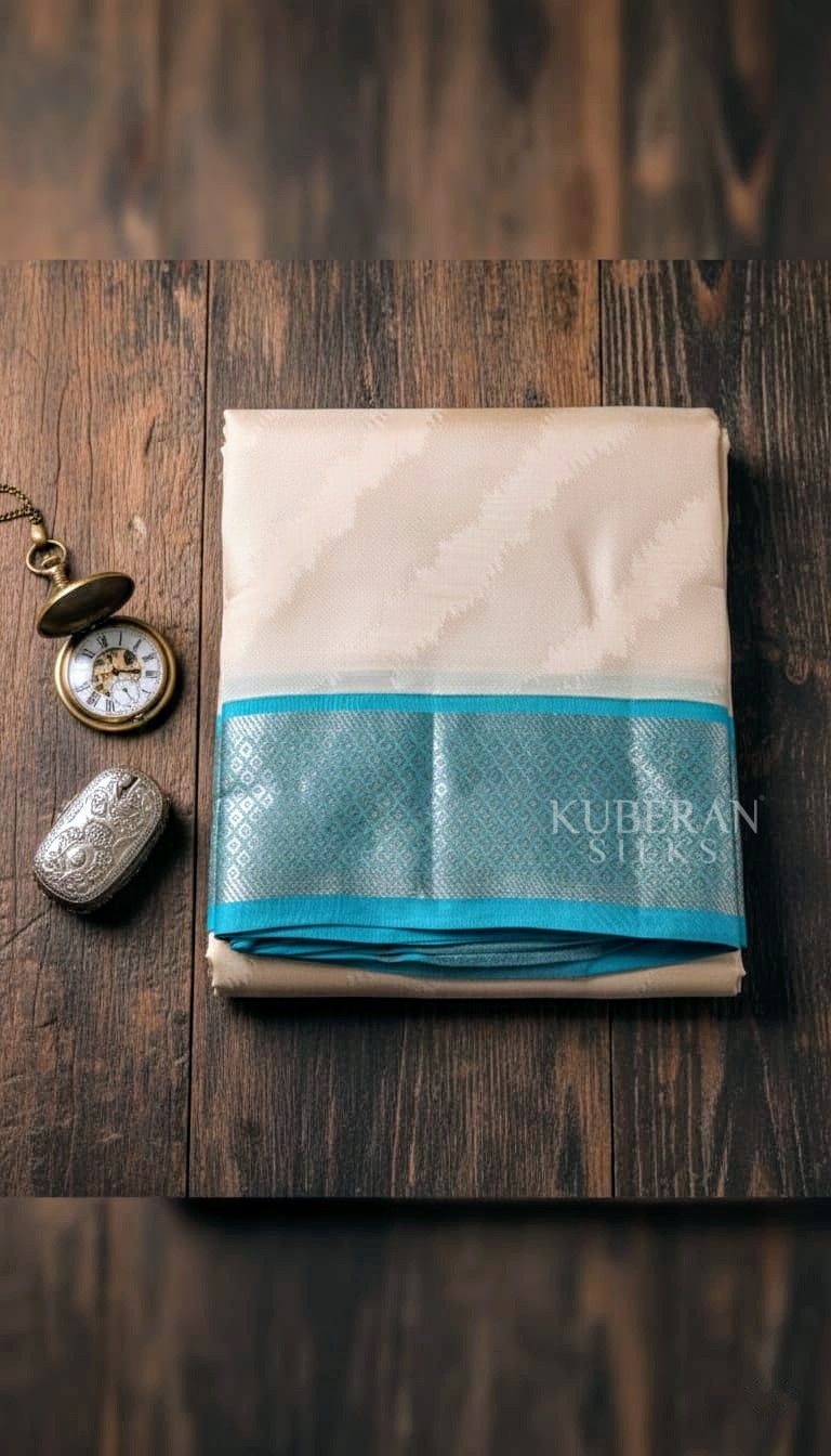 KUBERAN BEIGE COLOUR WITH BLUE AND SILVER BORDER PURE SILK DHOTI