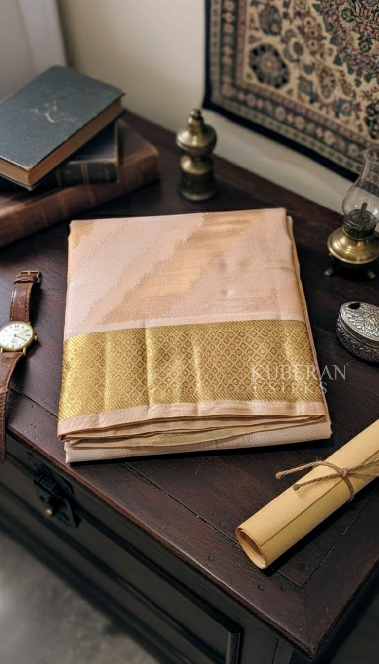 KUBERAN PEACH COLOUR WITH GOLD BORDER PURE SILK DHOTI