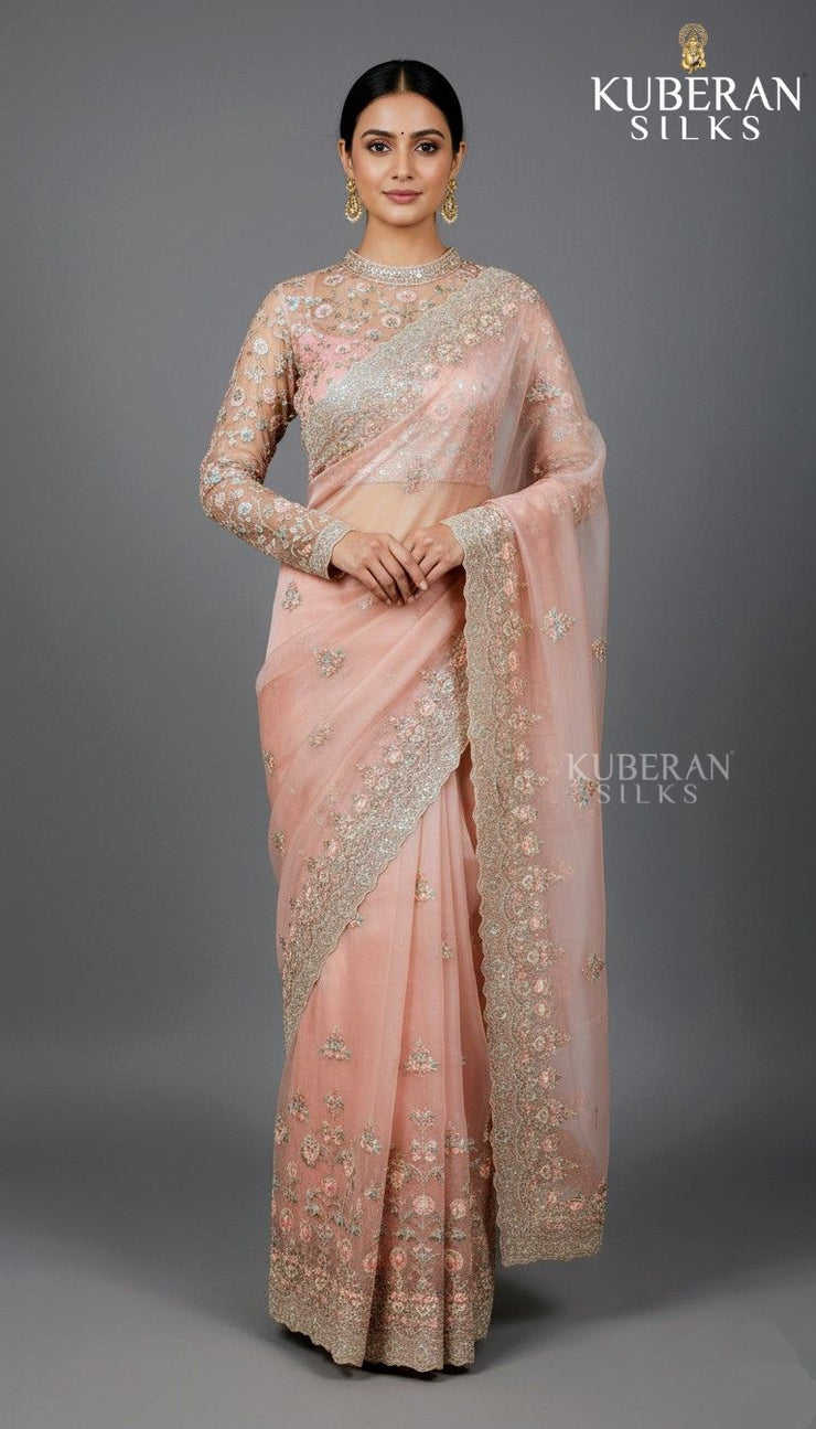 KUBERAN SEMI ORGANZA PASTEL PINK SAREE