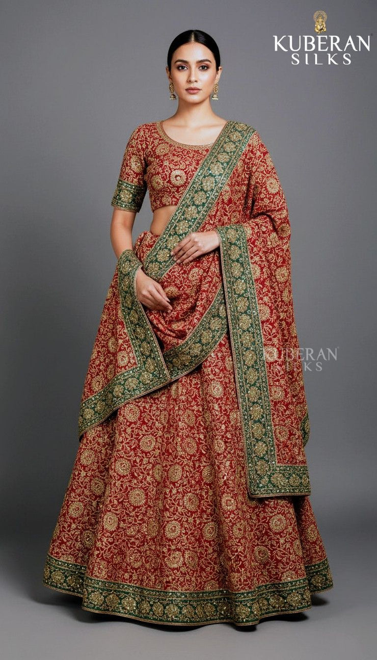 KUBERAN maroon hand embroidered designer lehenga