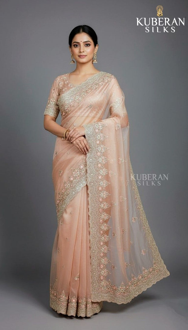 KUBERAN SEMI ORGANZA PEACH SAREE