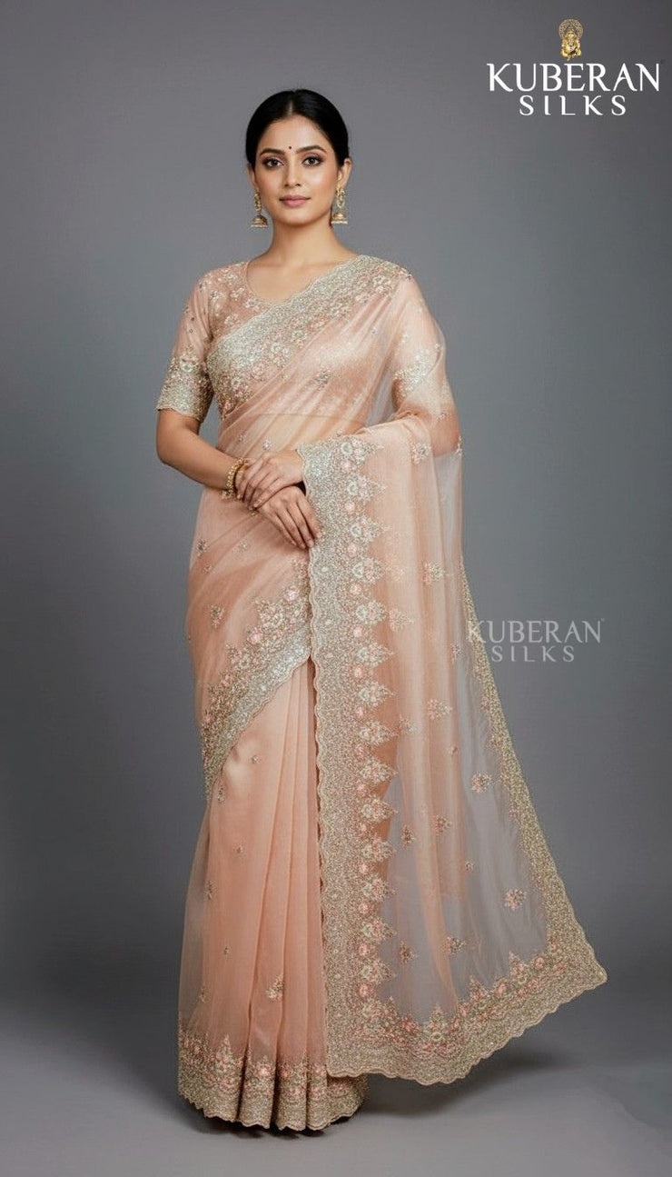KUBERAN SEMI ORGANZA PEACH SAREE