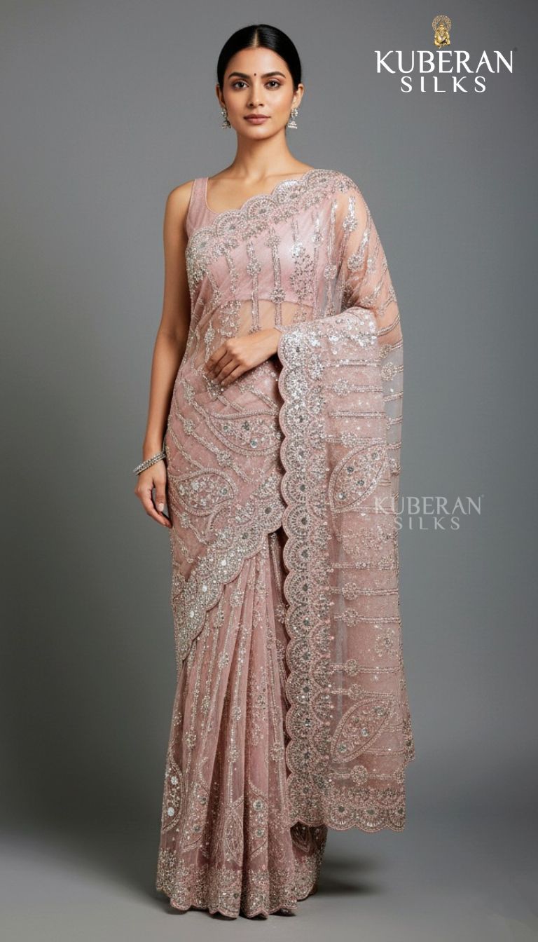 KUBERAN METTALIC PINK NETTED SAREE