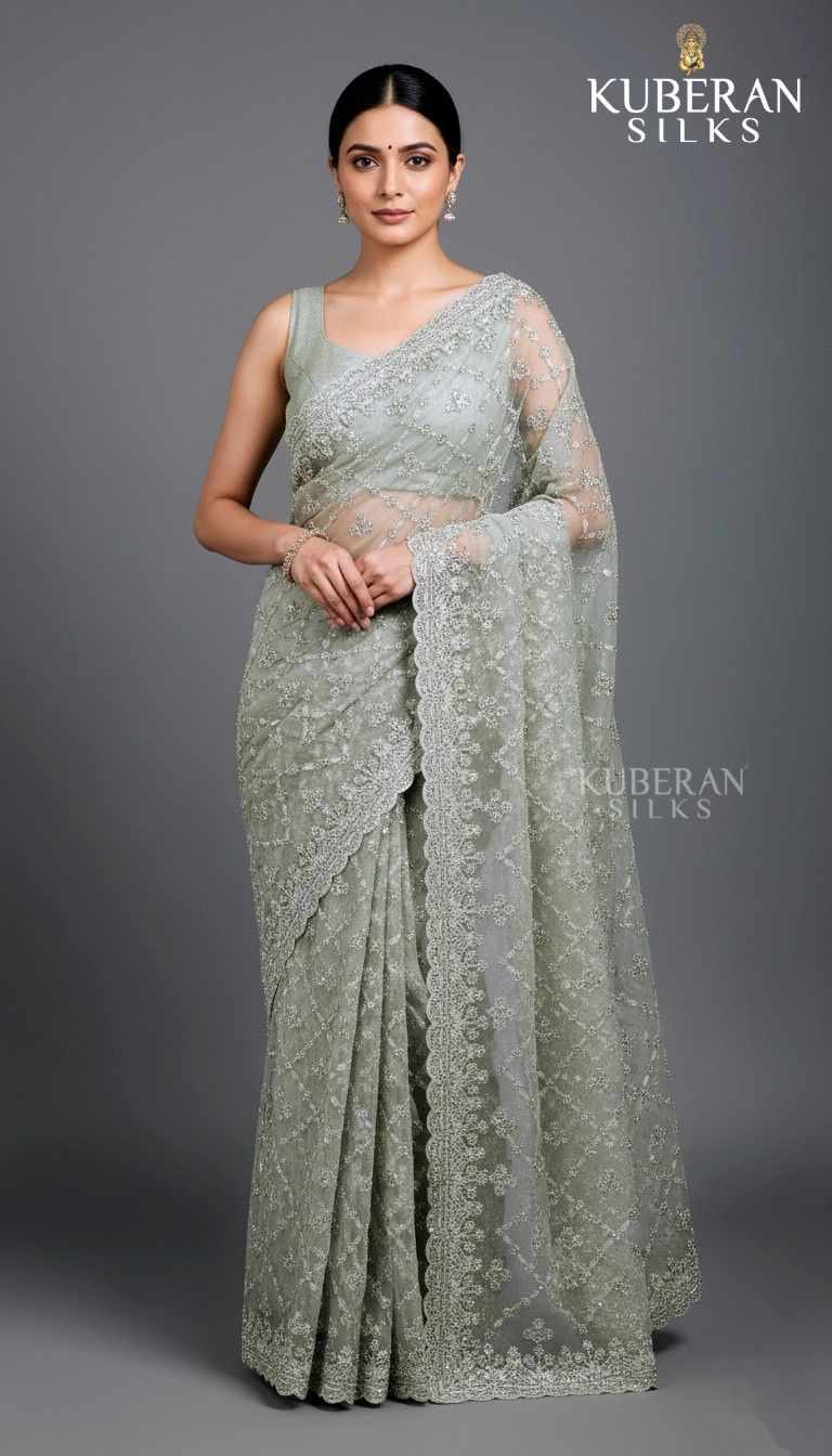 KUBERAN METTALIC GREEN NETTED SAREE