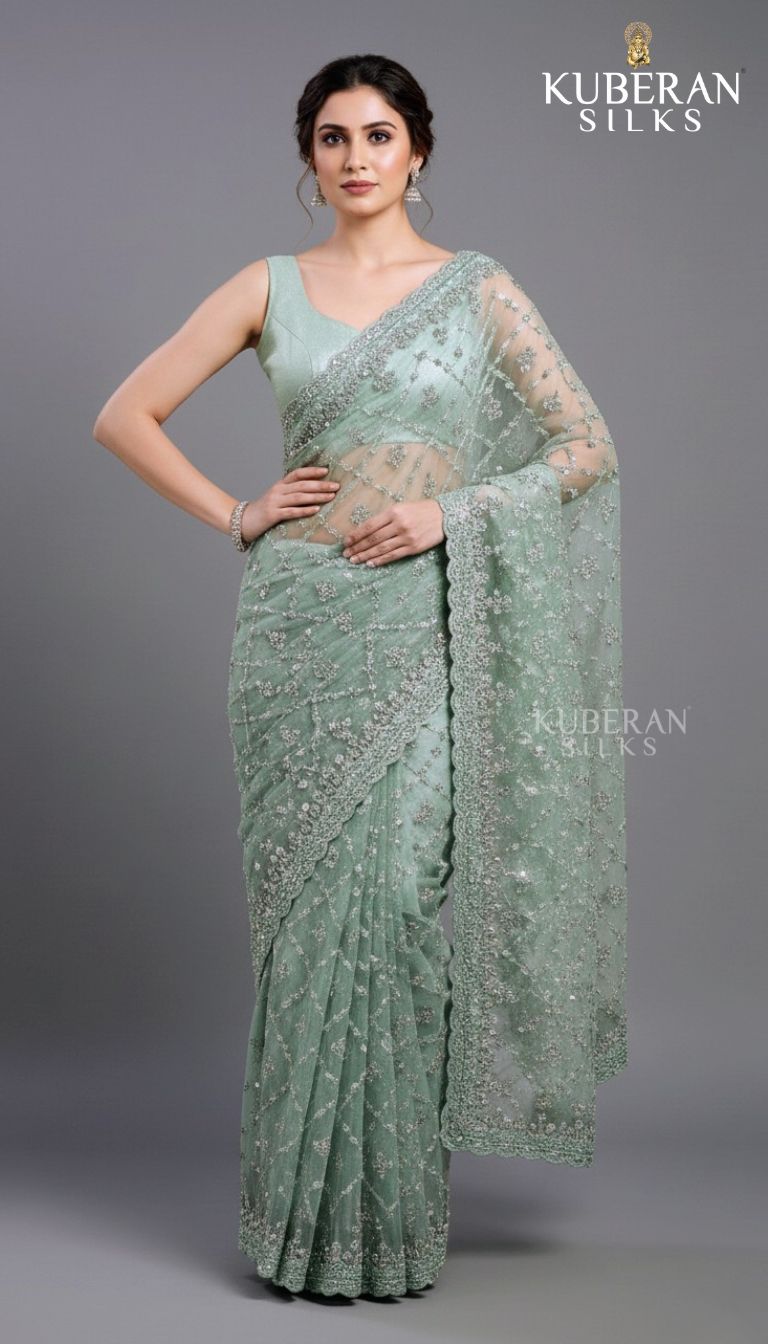 KUBERAN SEA GREEN NETTED SAREE