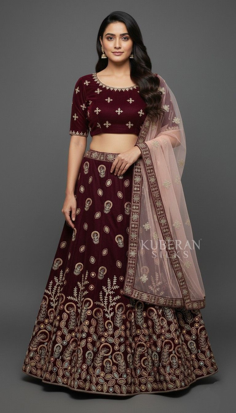 KUBERAN MAROON UNSTITCHED VELVET LEHENGA