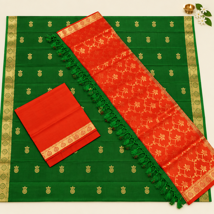 Kuberan Green and Red-Orange Pure Silk Dress Material