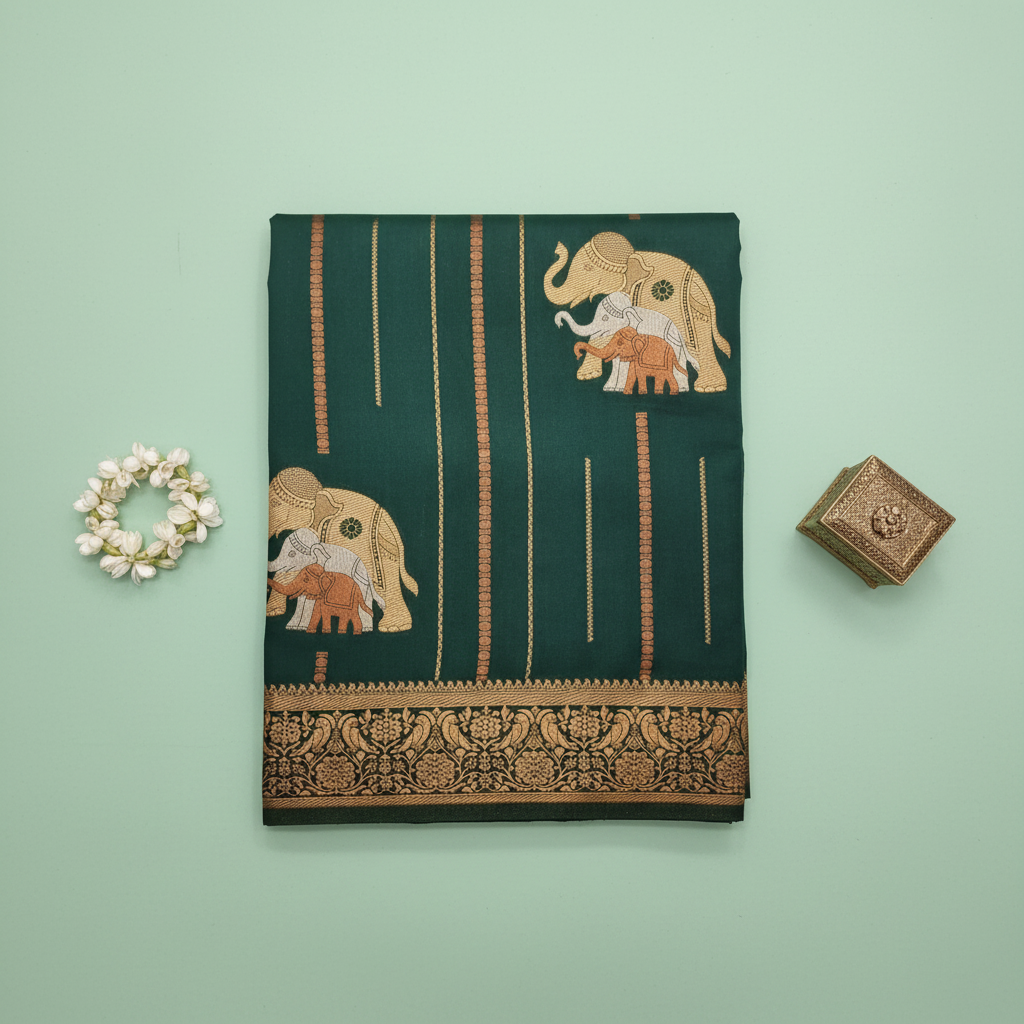 Green Elephant Saree - Flat Lay