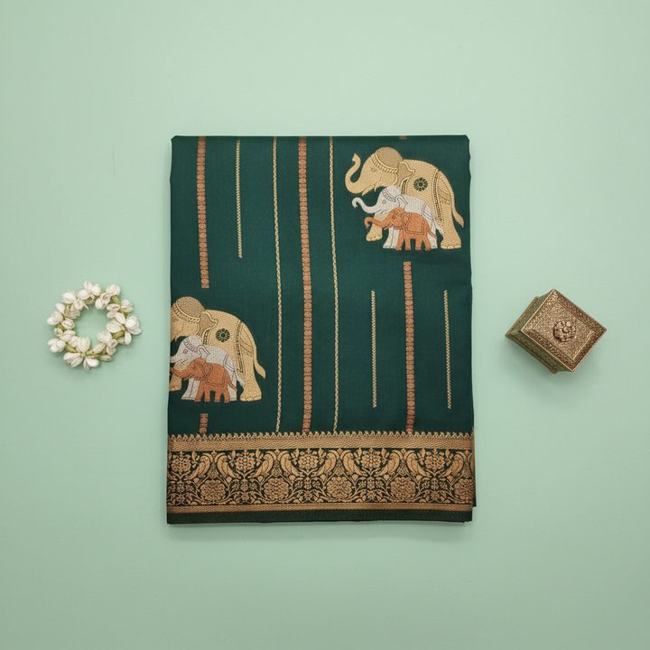 Green Elephant Saree - Flat Lay