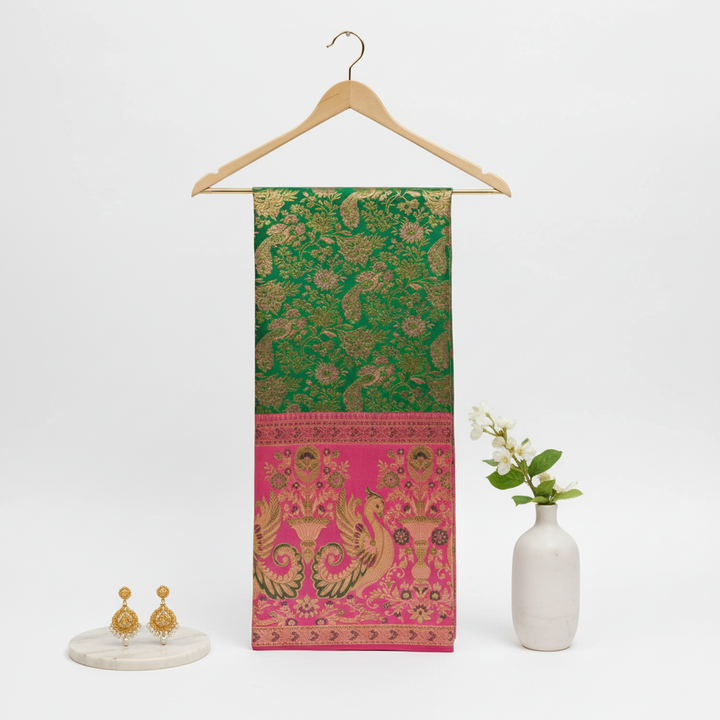 Kuberan Pure Silk Green with Pink Border