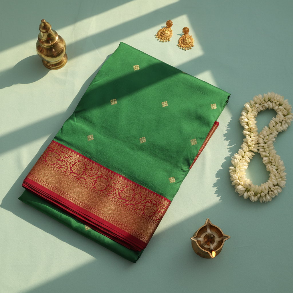 kuberan pure Silk 9 Yards Saree - Emerald Green with Maroon Zari Border