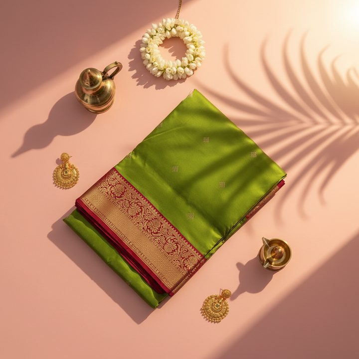 kuberan pure Silk 9 Yards Saree - Parrot Green with Red Zari Border