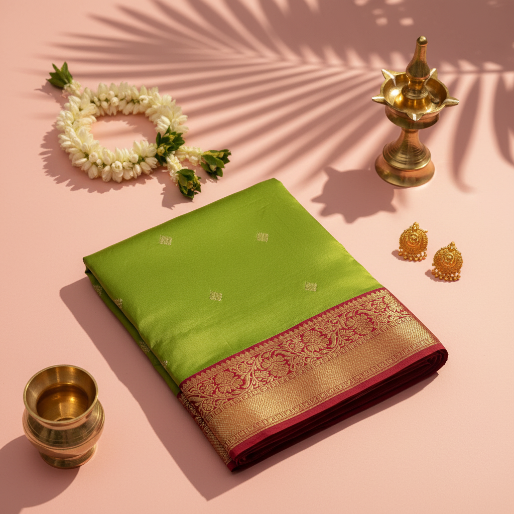 kuberan pure Silk 9 Yards Saree - Parrot Green with Red Zari Border