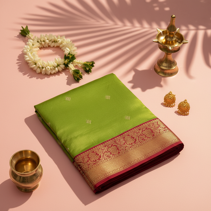 kuberan pure Silk 9 Yards Saree - Parrot Green with Red Zari Border
