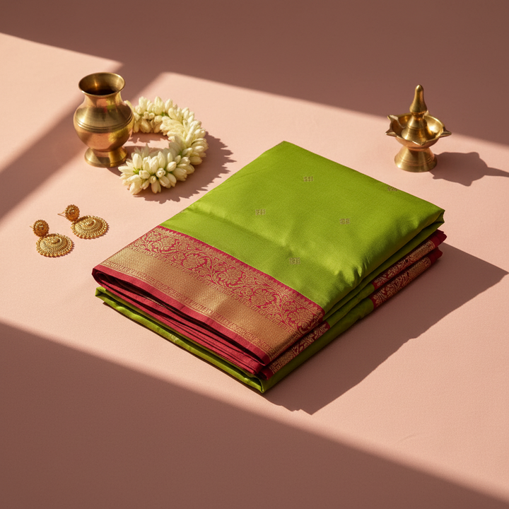 kuberan pure Silk 9 Yards Saree - Parrot Green with Red Zari Border