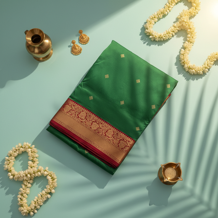 kuberan pure Silk 9 Yards Saree - Emerald Green with Maroon Zari Border