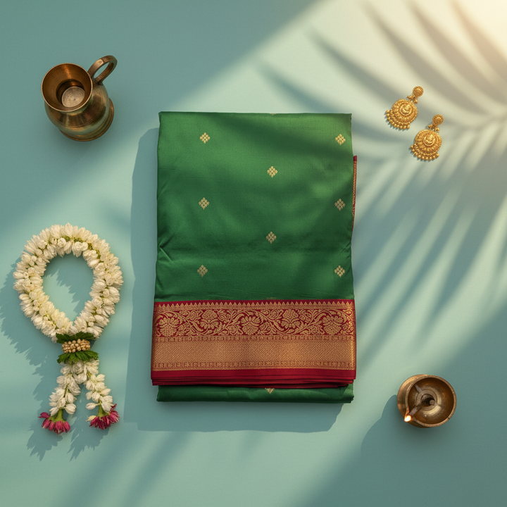 kuberan pure Silk 9 Yards Saree - Emerald Green with Maroon Zari Border