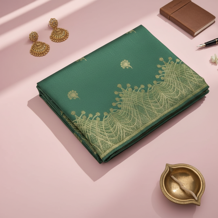 Green silk saree with gold zari work