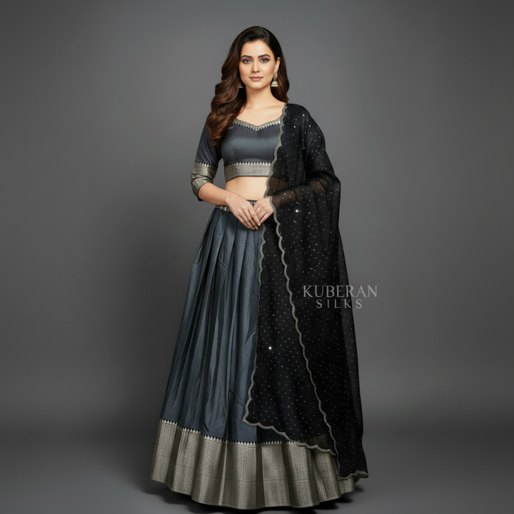 KUBERAN METALLIC GREY UNSTITCHED TRADITIONAL LEHENGA