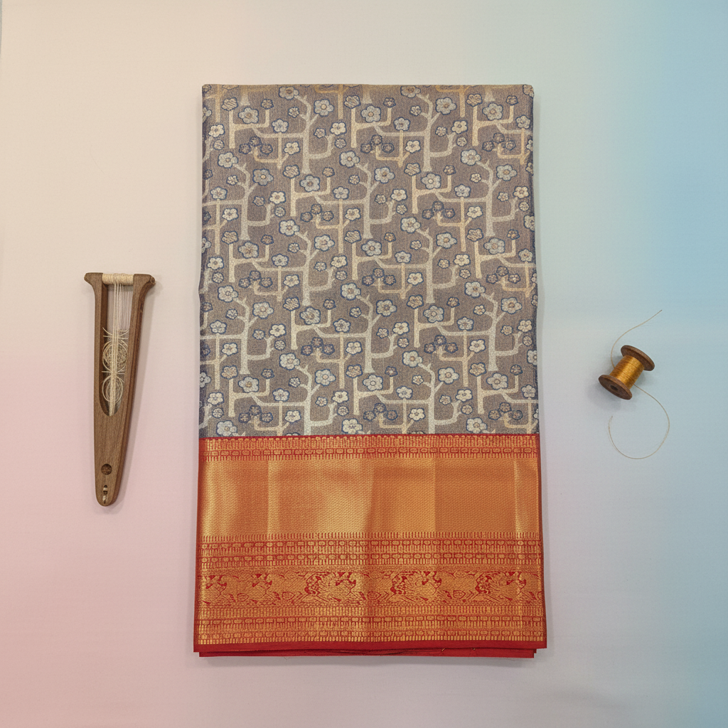 KUBERAN BLUE RED PURE KANCHIPURAM SILK SAREE