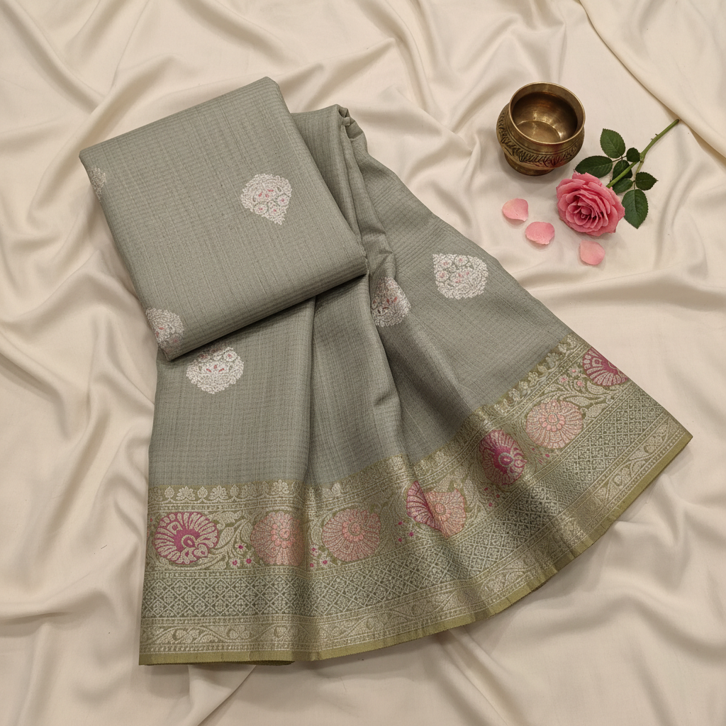 KUBERAN GREY GREEN PURE BANARASI SILK SAREE