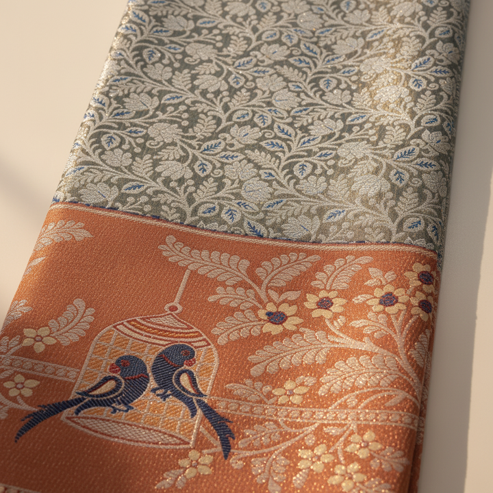 KUBERAN GREY BLUE BROCADE SEMI SILK SAREE