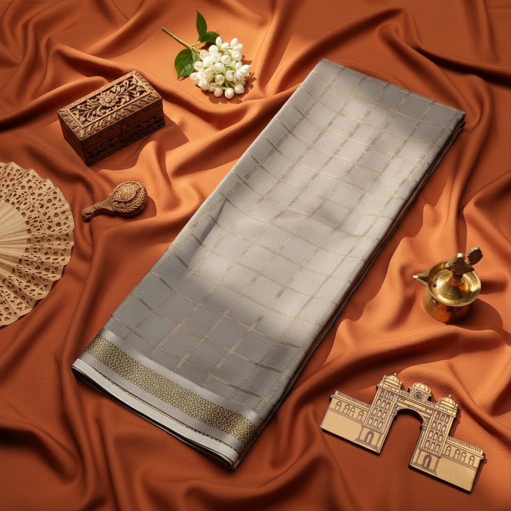 Kuberan Grey Checkered Mysore Silk Saree with Kalamkari Pallu