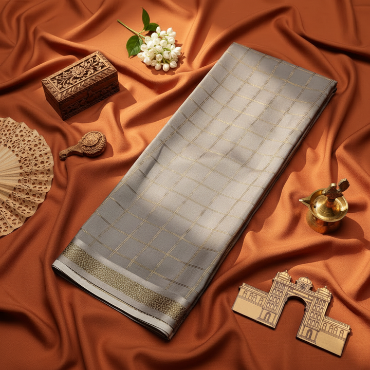 Kuberan Grey Checkered Mysore Silk Saree with Kalamkari Pallu