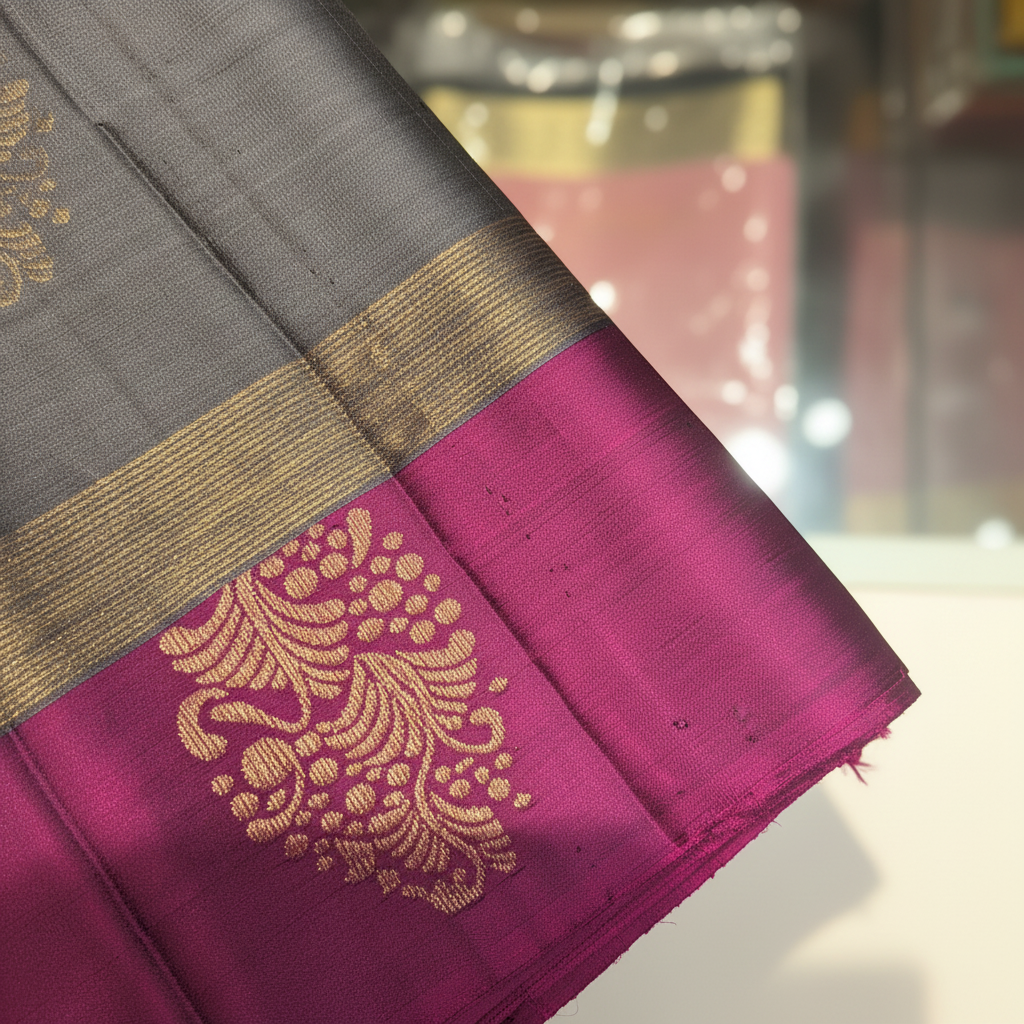 KUBERAN GREY WITH PURPLE PURE SOFT SILK SAREE