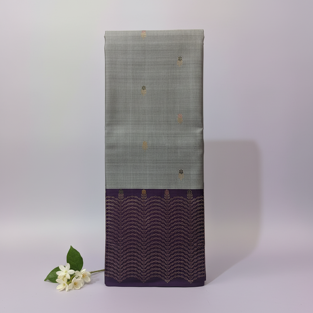 KUBERAN ELEPHANT GREY WITH WINE PURE KANCHIPURAM SILK SAREE