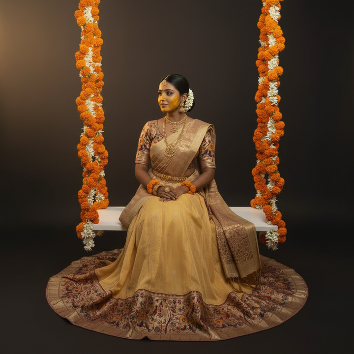 Kuberan Golden Yellow Paithani Floral Border Half Saree