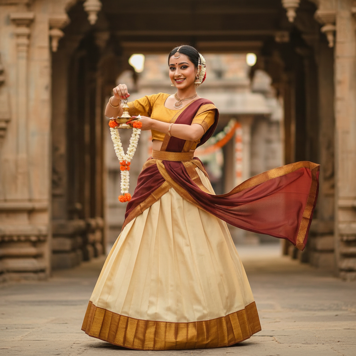 Kuberan Semi Silk Half Saree Cream & Maroon semi stitched