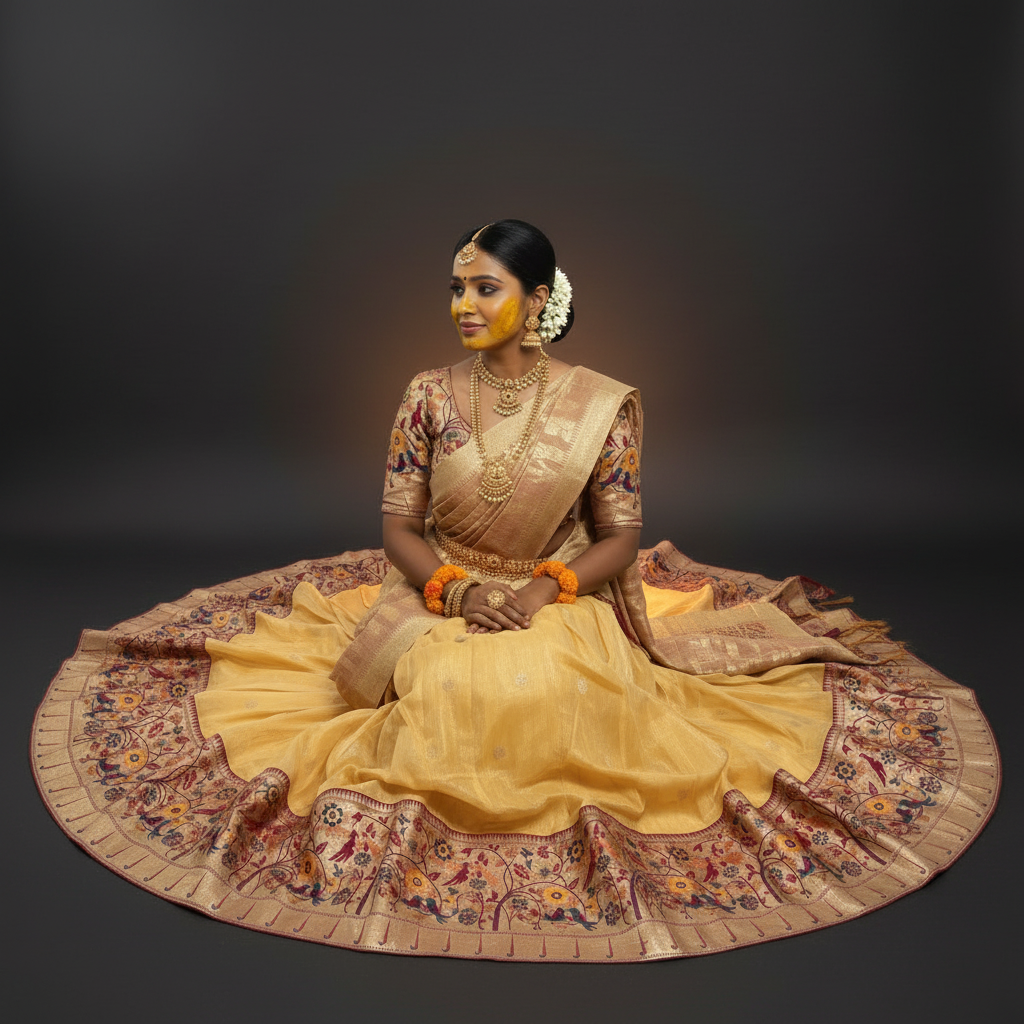 Kuberan Golden Yellow Paithani Floral Border Half Saree