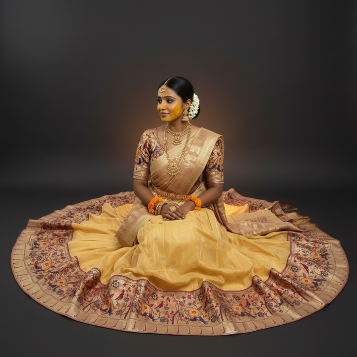 Kuberan Golden Yellow Paithani Floral Border Half Saree