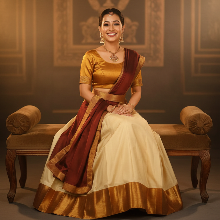 Kuberan Semi Silk Half Saree Cream & Maroon semi stitched