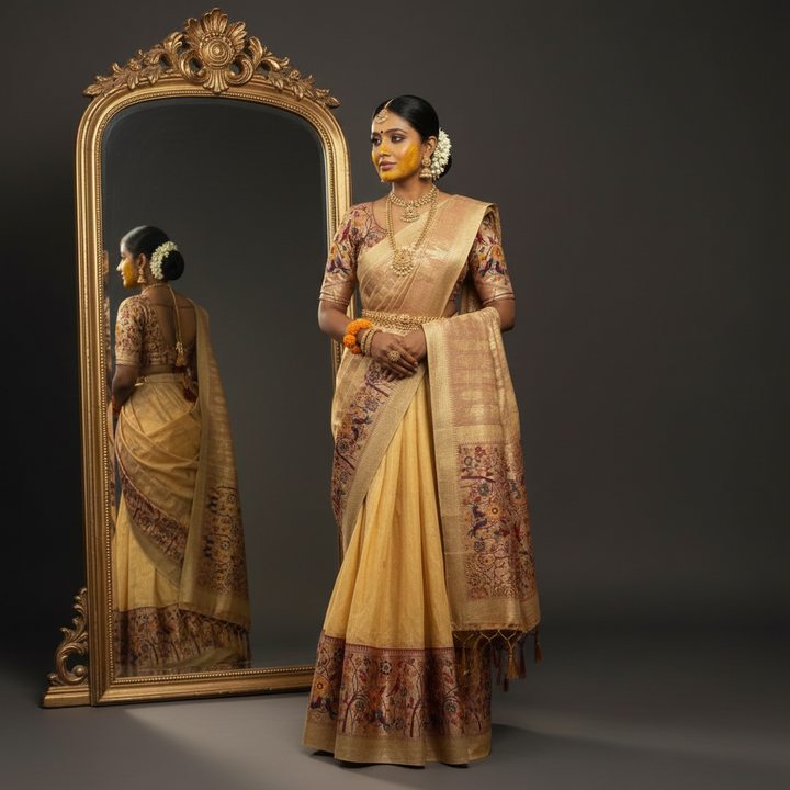 Kuberan Golden Yellow Paithani Floral Border Half Saree