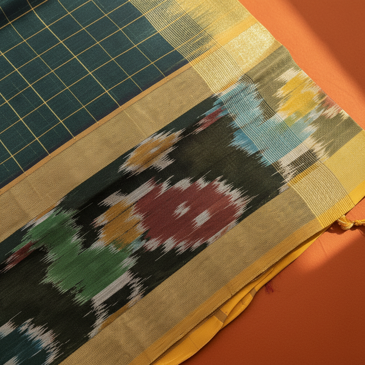 kuberan Forest Green Cotton Silk Saree with Gold Checks & Multicolour Ikat border