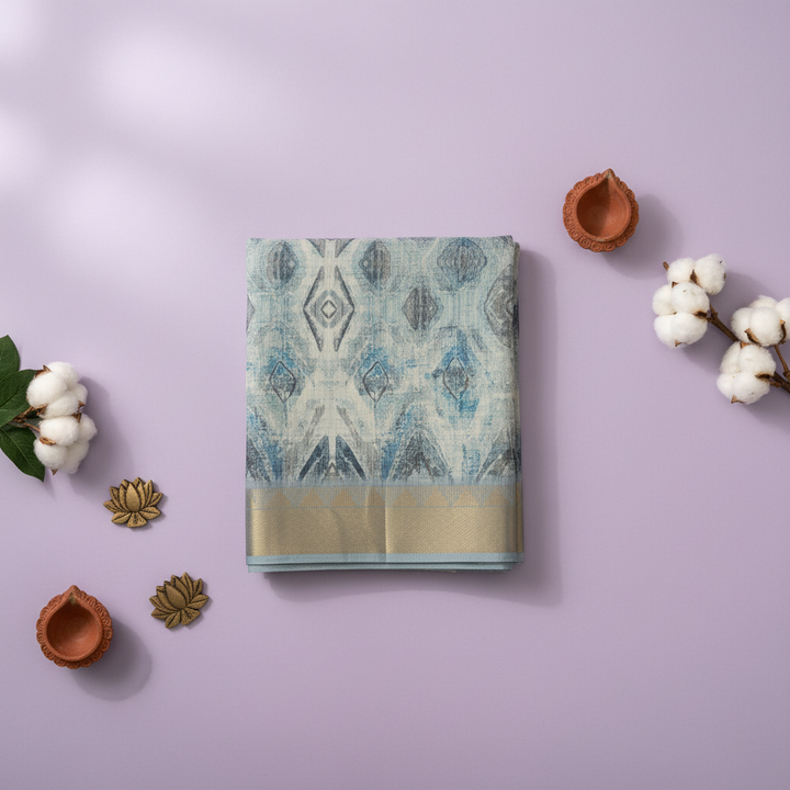 KUBERAN PALE BLUE PRINTED COTTON SAREE
