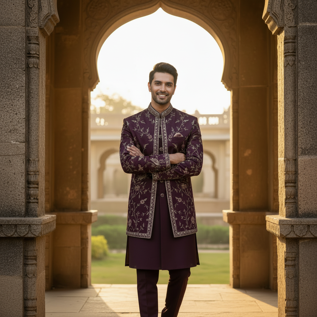 Kuberan Deep Wine Embroidered Indo Western Sherwani