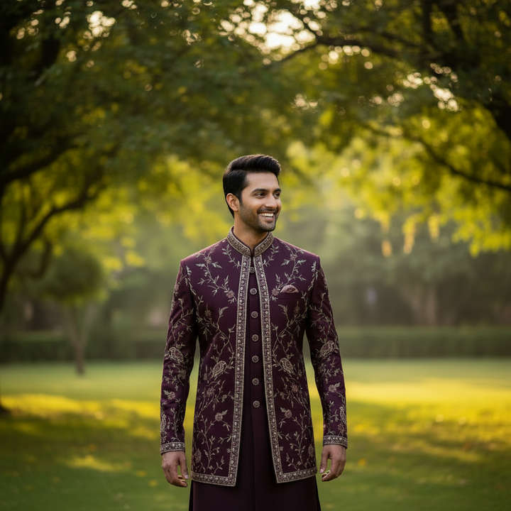 Kuberan Deep Wine Embroidered Indo Western Sherwani