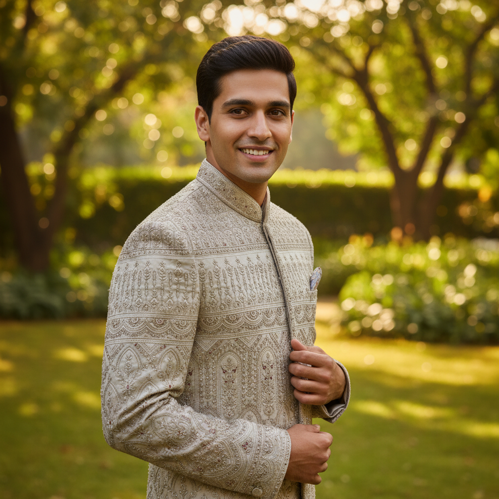 Kuberan Indo Western Sherwani – Silver Grey Diamond Embroidered