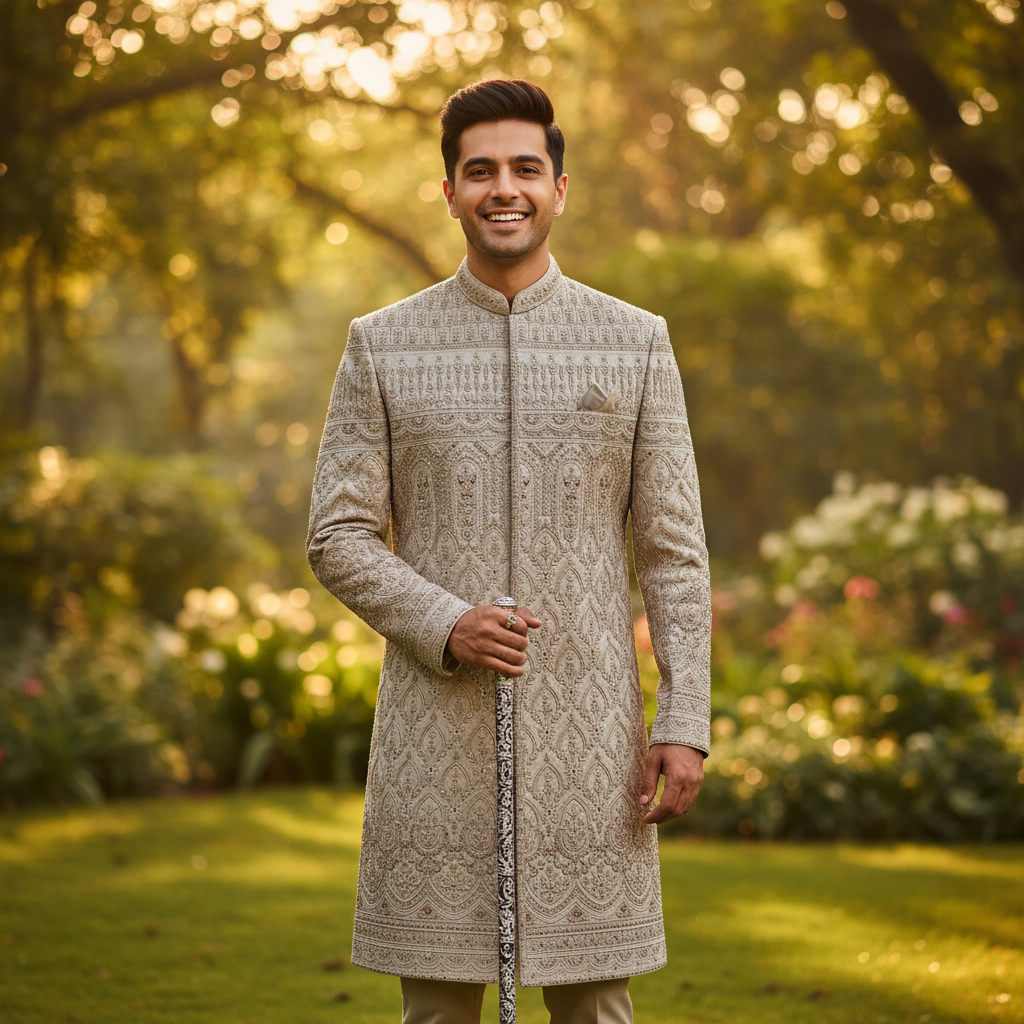 Kuberan Indo Western Sherwani – Silver Grey Diamond Embroidered