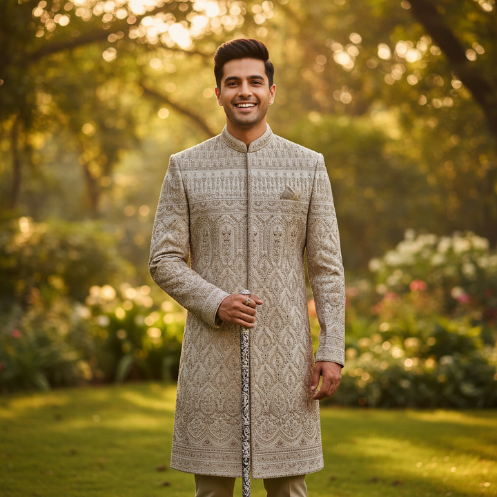Kuberan Indo Western Sherwani – Silver Grey Diamond Embroidered