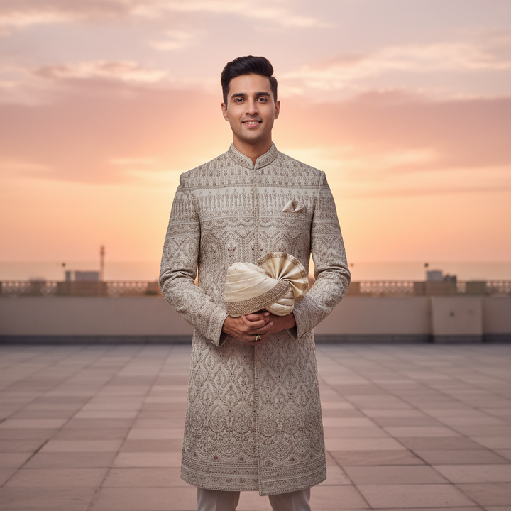 Kuberan Indo Western Sherwani – Silver Grey Diamond Embroidered