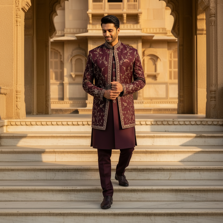 Kuberan Deep Wine Embroidered Indo Western Sherwani