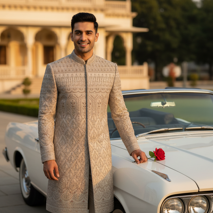 Kuberan Indo Western Sherwani – Silver Grey Diamond Embroidered
