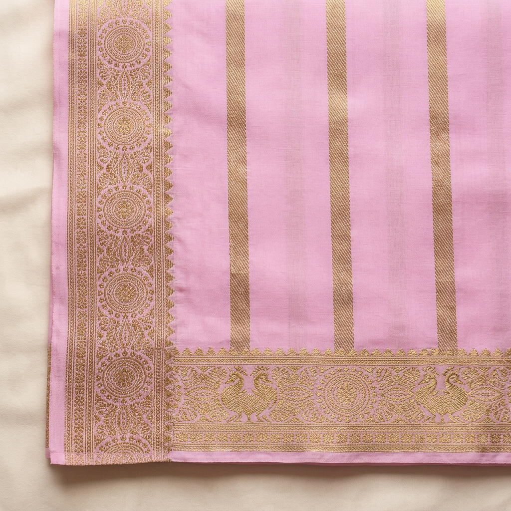 Close-up of the light pink contrast section with vertical gold zari woven bands and ornate gold border