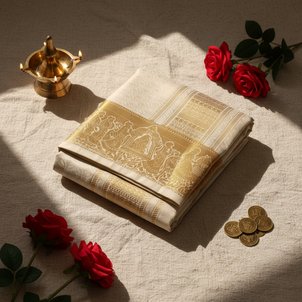 Mix Silk Dhothi – Beige gold zari border on linen with brass diya, red roses and gold coins