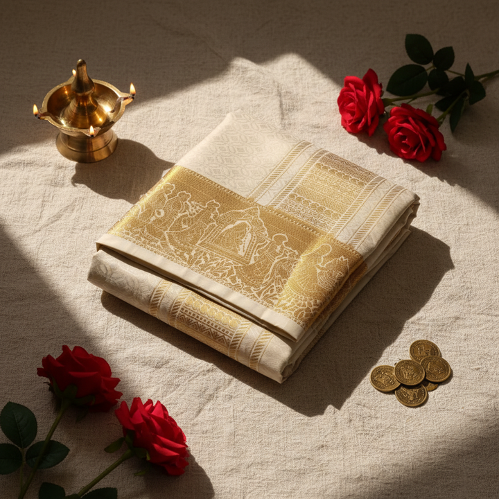 Mix Silk Dhothi – Beige gold zari border on linen with brass diya, red roses and gold coins